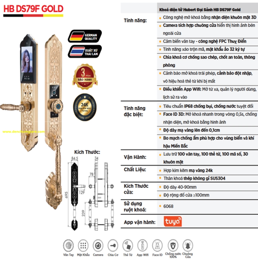Khoá vân tay đại sảnh HUBERT HB DS79F Gold tiêu chuẩn Đức với 8 tính năng nổi bật