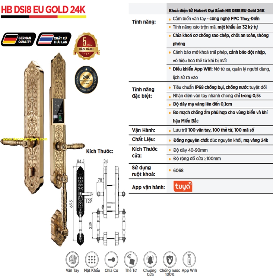  Khoá vân tay đại sảnh HUBERT HB DSI8 EU GOLD 24K tiêu chuẩn Đức với 6 tính năng nổi bật