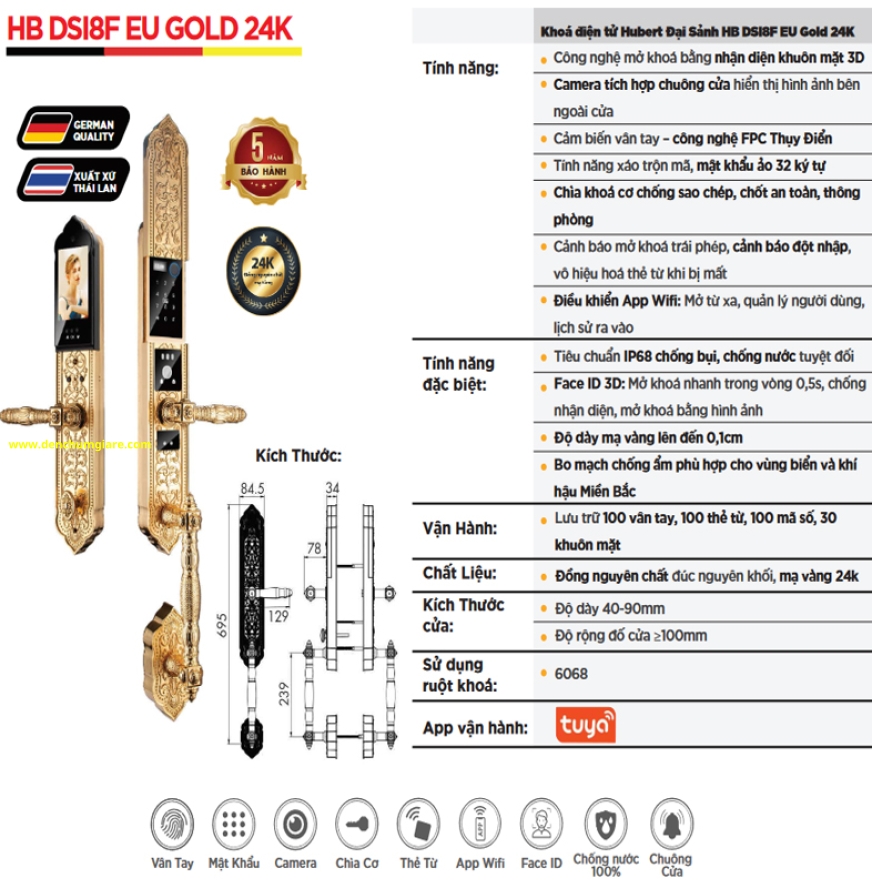 Khoá vân tay đại sảnh HUBERT HB DSI8F EU GOLD 24K tiêu chuẩn Đức với 8 tính năng nổi bật