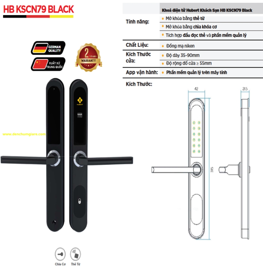 Khoá cửa khách sạn HUBERT HB KSCN79 BLACK tiêu chuẩn Đức chất liệu bằng đồng mạ niken