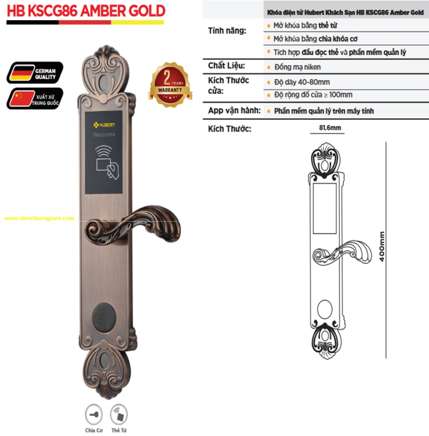 Khoá cửa khách sạn HUBERT HB KSCG86 Amber Gold tiêu chuẩn Đức chất liệu bằng đồng mạ niken