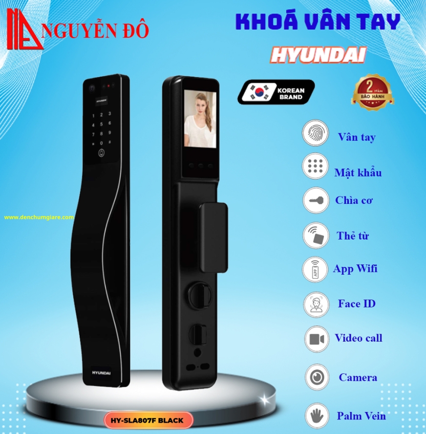 Khoá vân tay cửa gỗ, khoá cửa gỗ Hyundai HY-SLA807F BLACK tiêu chuẩn Hàn Quốc với 9 tính năng nổi bật