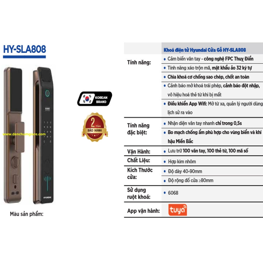 Khoá vân tay cửa gỗ, khoá cửa gỗ Hyundai HY-SLA808 tiêu chuẩn Hàn Quốc với 5 tính năng nổi bật