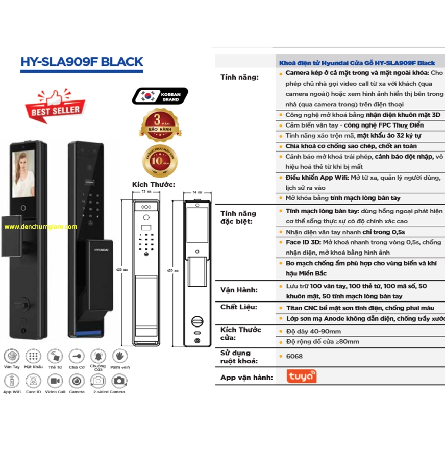 Khoá vân tay cửa gỗ, khoá cửa gỗ Hyundai HY-SLA909F BLACK tiêu chuẩn Hàn Quốc với 11 tính năng nổi bật