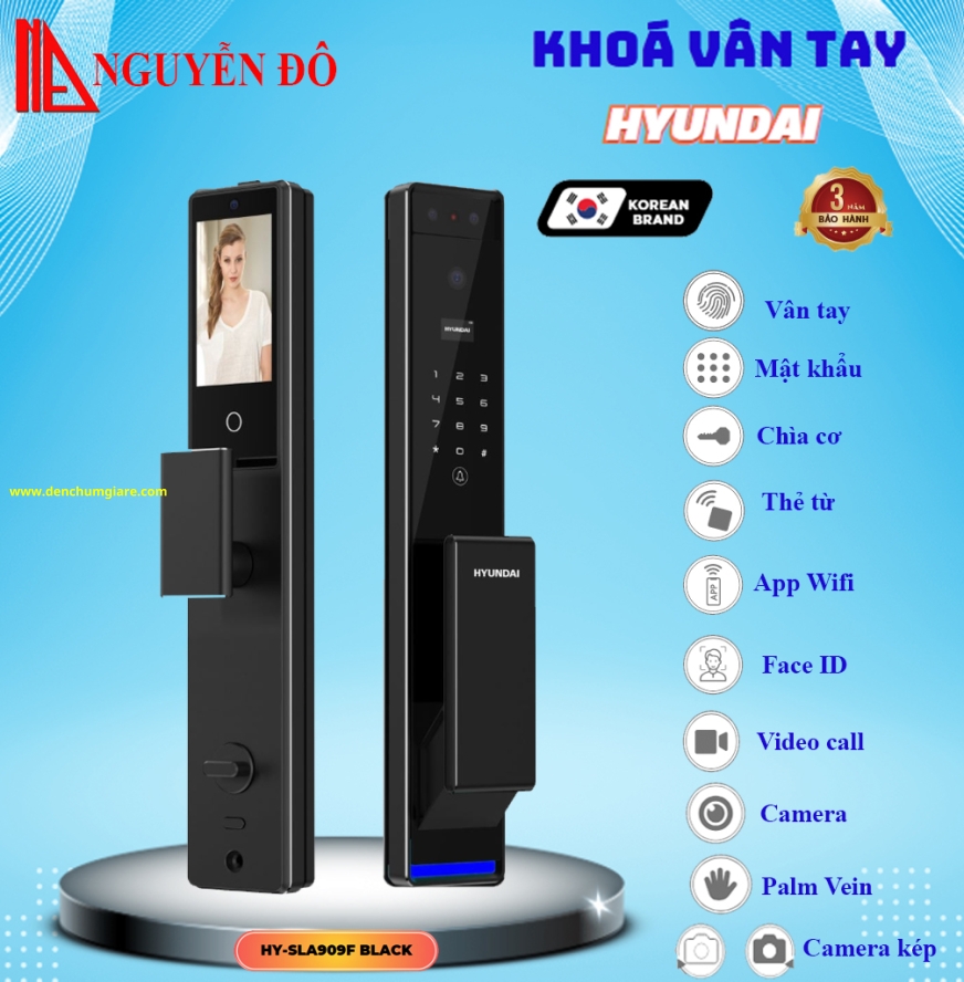 Khoá vân tay cửa gỗ, khoá cửa gỗ Hyundai HY-SLA909F BLACK tiêu chuẩn Hàn Quốc với 11 tính năng nổi bật