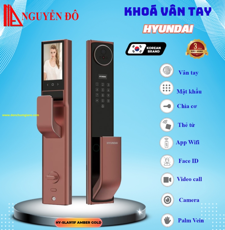 Khoá vân tay cửa gỗ, khoá cửa gỗ Hyundai HY-SLA911F BLACK/AMBER GOLD tiêu chuẩn Hàn Quốc với 9 tính năng nổi bật