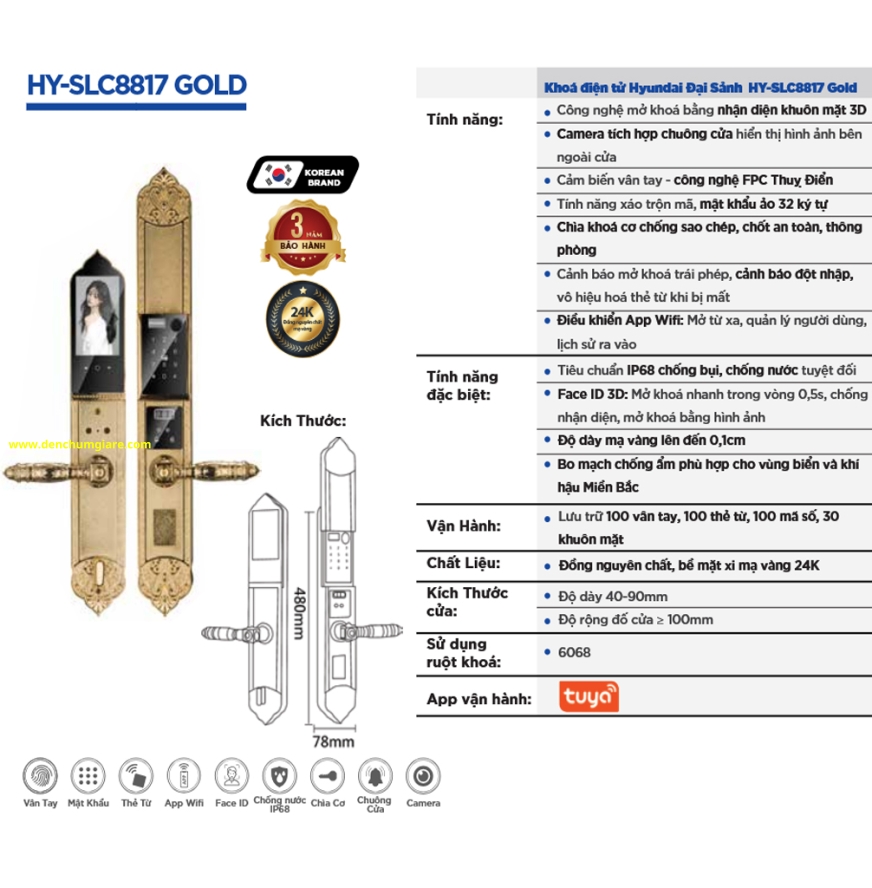 Khoá vân cửa đại sảnh Hyundai HY-SLC8817 GOLD được thiết kế theo phong cách hiện đại, sang trọng tiêu chuẩn Hàn Quốc với 8 tính năng nổi bật 