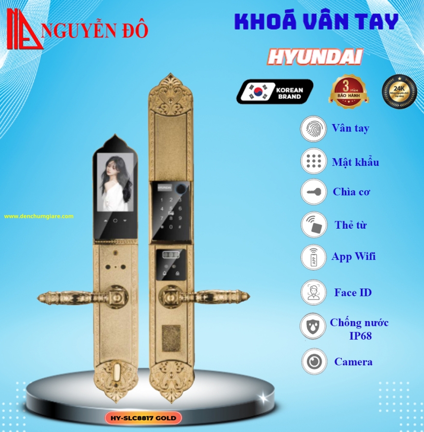 Khoá vân cửa đại sảnh Hyundai HY-SLC8817 GOLD được thiết kế theo phong cách hiện đại, sang trọng tiêu chuẩn Hàn Quốc với 8 tính năng nổi bật 
