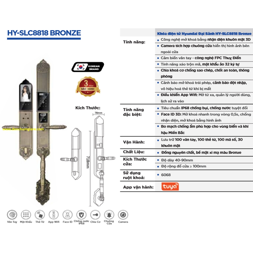 Khoá vân cửa đại sảnh Hyundai HY-SLC8818 BRONZE được thiết kế theo phong cách tân cổ điển tiêu chuẩn Hàn Quốc với 8 tính năng nổi bật 
