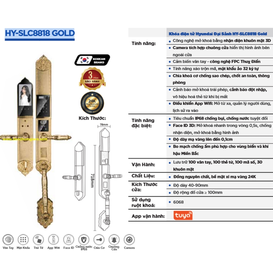 Khoá vân cửa đại sảnh Hyundai HY-SLC8818 GOLD được thiết kế theo phong cách hiện đại, sang trọng tiêu chuẩn Hàn Quốc với 8 tính năng nổi bật 