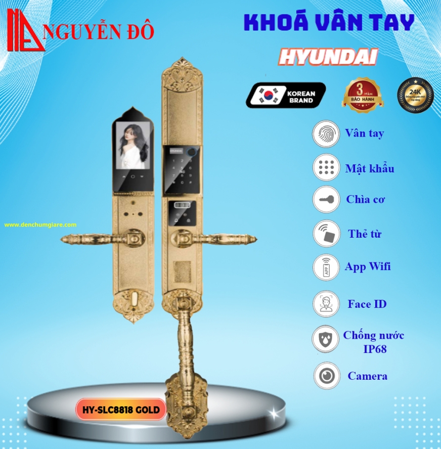 Khoá vân cửa đại sảnh Hyundai HY-SLC8818 GOLD được thiết kế theo phong cách hiện đại, sang trọng tiêu chuẩn Hàn Quốc với 8 tính năng nổi bật 