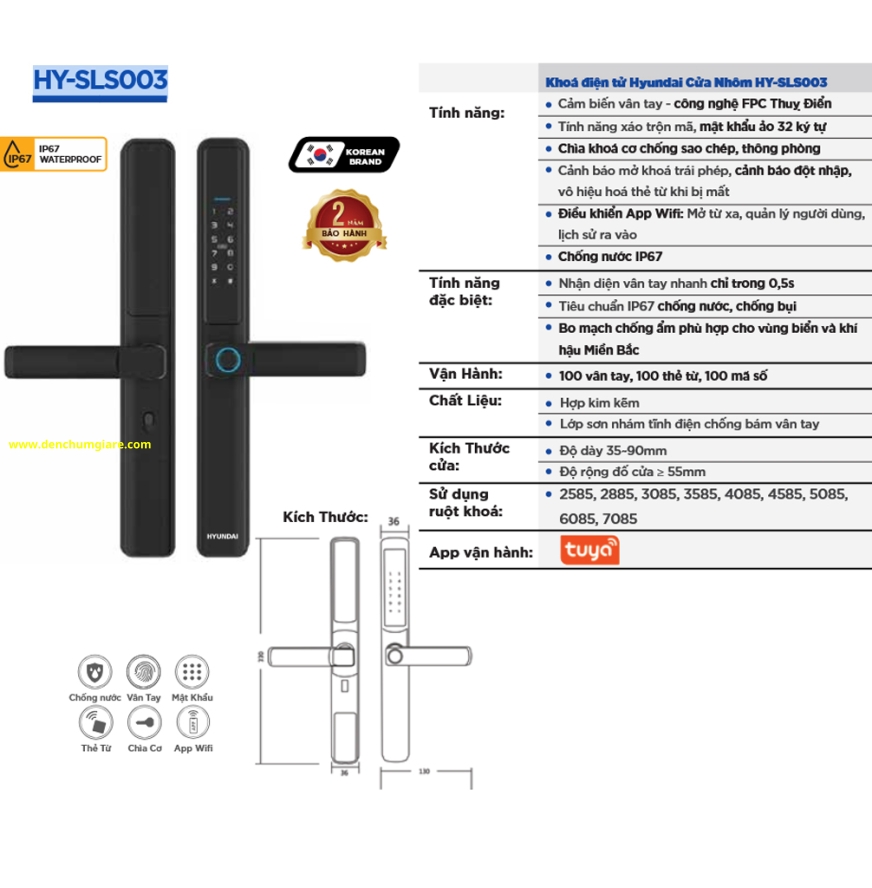 Khoá vân tay cửa nhôm Hyundai  HY-SLS003 BLACK tiêu chuẩn Hàn Quốc với 5 tính năng nổi bật 