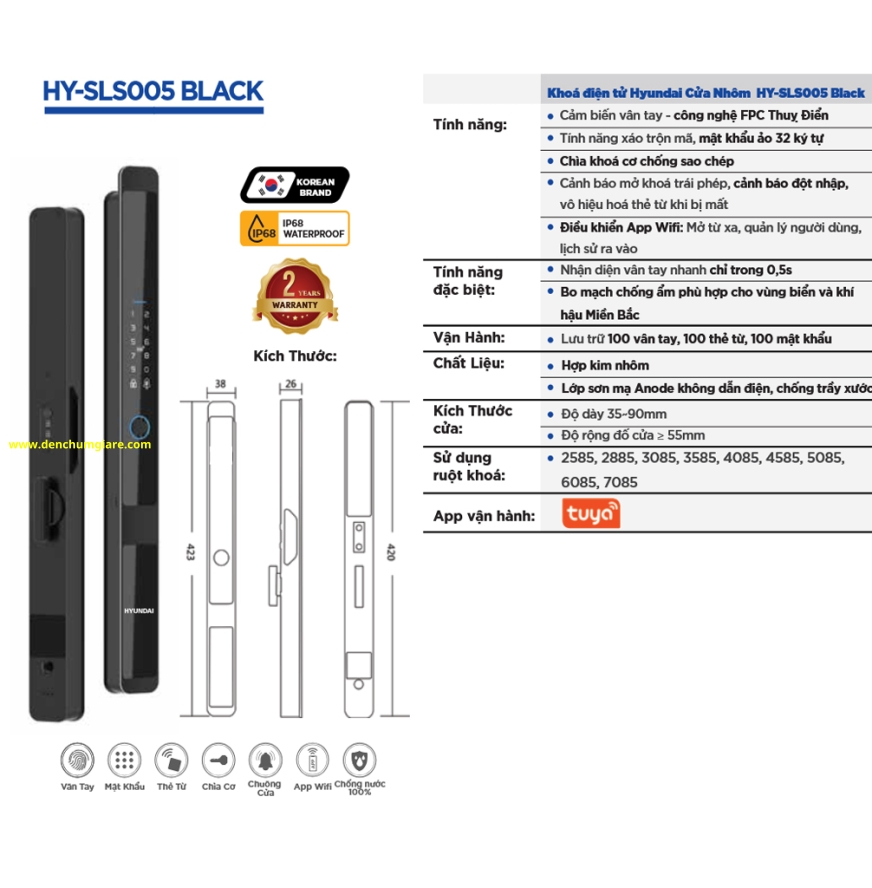 Khoá vân tay cửa nhôm Hyundai  HY-SLS005 BLACK tiêu chuẩn Hàn Quốc với 5 tính năng nổi bật 