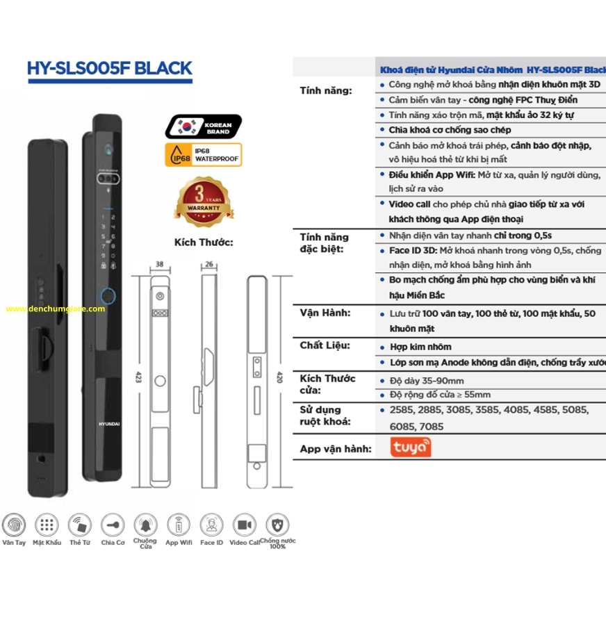 Khoá vân tay cửa nhôm Hyundai  HY-SLS005F BLACK tiêu chuẩn Hàn Quốc với 8 tính năng nổi bật 