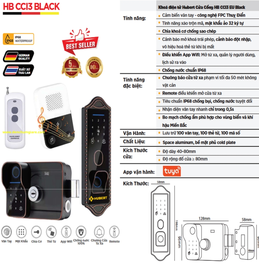 Khoá vân tay cửa cổng HUBERT HB CCI3 EU BLACK tiêu chuẩn Đức với 7 tính năng nổi bật