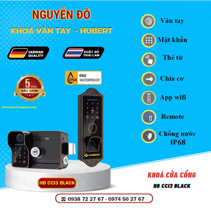 Khoá vân tay cửa cổng HUBERT HB CCI3 EU BLACK tiêu chuẩn Đức với 7 tính năng nổi bật