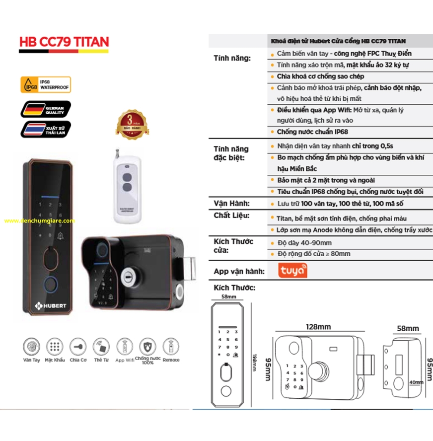 Khoá vân tay cửa cổng Hubert  HB CC79 TITAN tiêu chuẩn Đức với 6 tính năng nổi bật