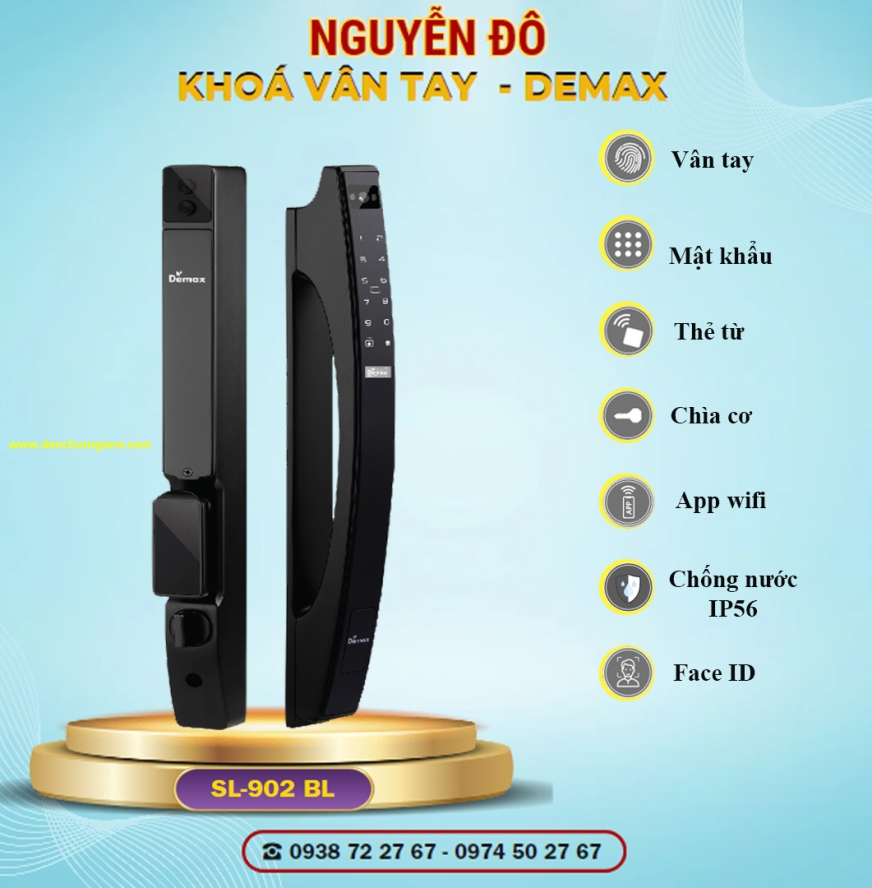 Khoá vân tay cửa nhôm Demax SL902 BL tiêu chuẩn Đức với 7 tính năng nổi bật 