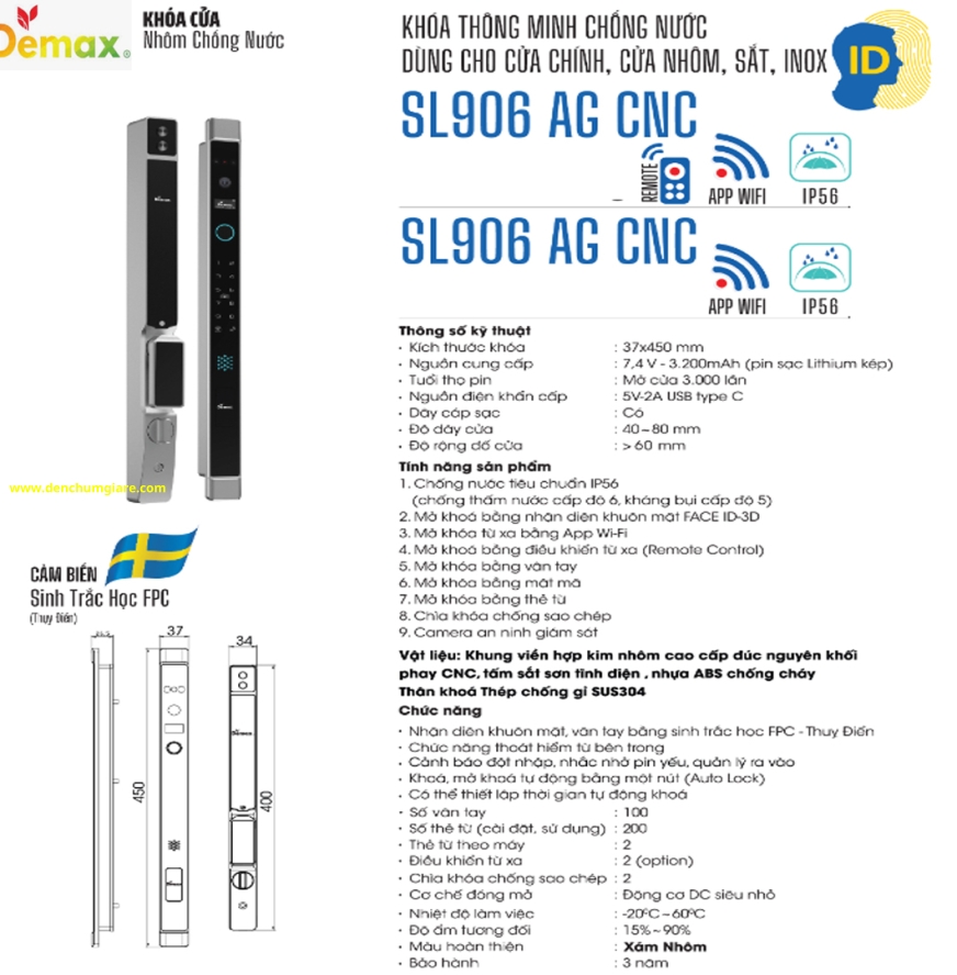 Khoá vân tay cửa nhôm Demax SL906 AG CNC tiêu chuẩn Đức với 9 tính năng nổi bật 