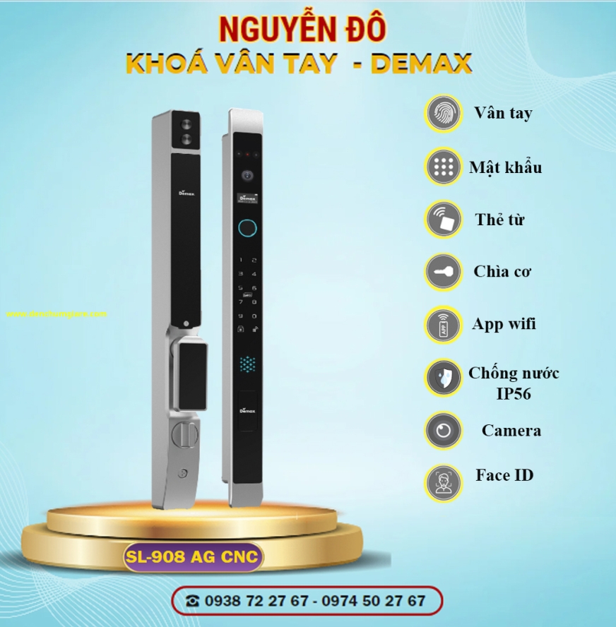 Khoá vân tay cửa nhôm Demax SL908 AG CNC tiêu chuẩn Đức với 9 tính năng nổi bật 