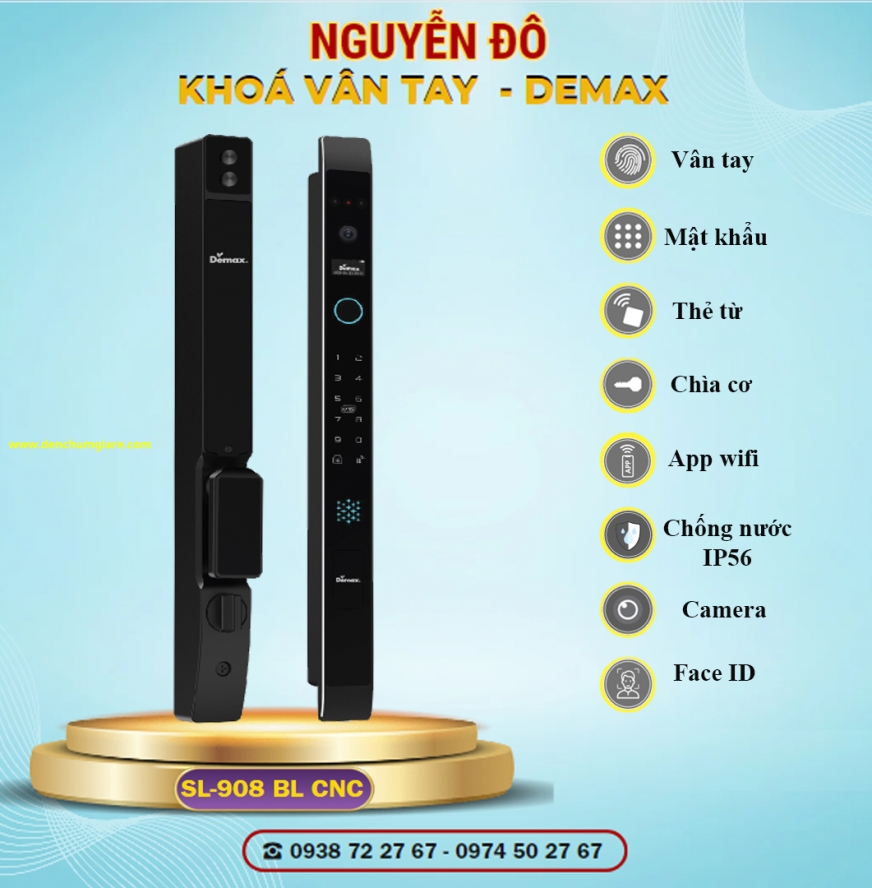 Khoá vân tay cửa nhôm Demax SL908 BL CNC tiêu chuẩn Đức với 9 tính năng nổi bật 