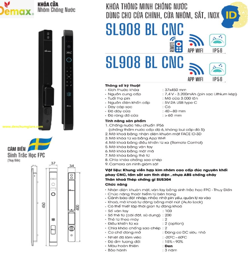 Khoá vân tay cửa nhôm Demax SL908 BL CNC tiêu chuẩn Đức với 9 tính năng nổi bật 