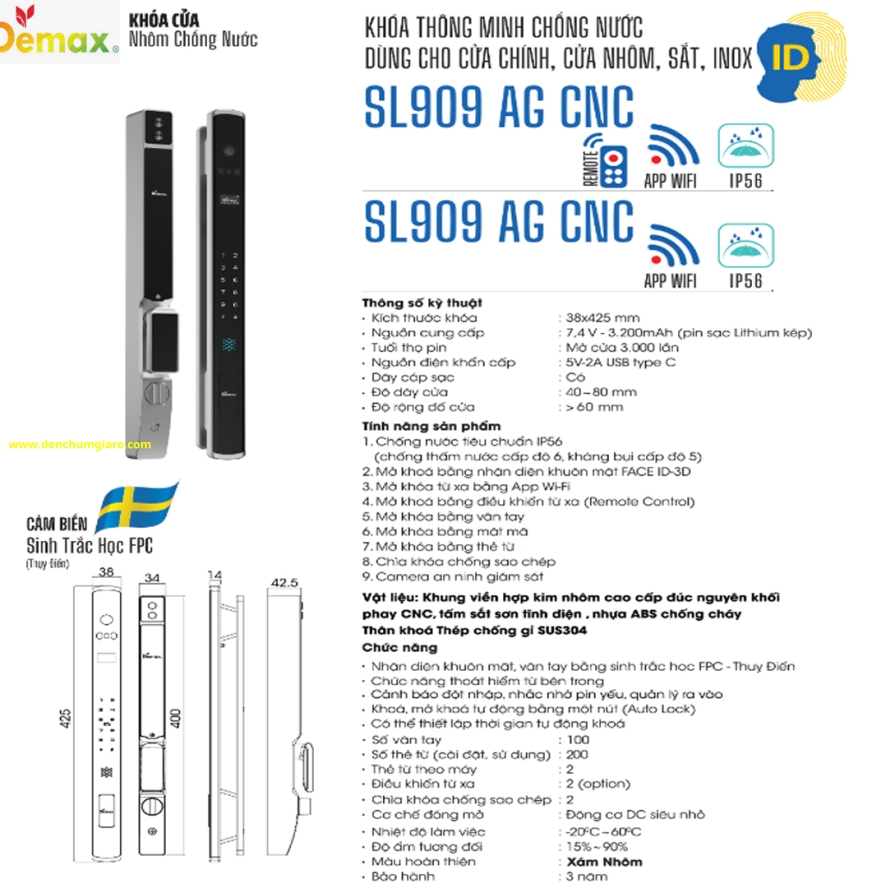 Khoá vân tay cửa nhôm Demax SL909 AG CNC tiêu chuẩn Đức với 9 tính năng nổi bật 