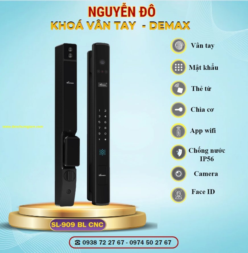  Khoá vân tay cửa nhôm Demax SL909 BL CNC tiêu chuẩn Đức với 9 tính năng nổi bật 