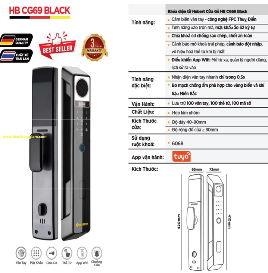 Khoá vân tay cửa gỗ HUBERT HB CG69 Black tiêu chuẩn Đức với 5 tính năng nổi bật