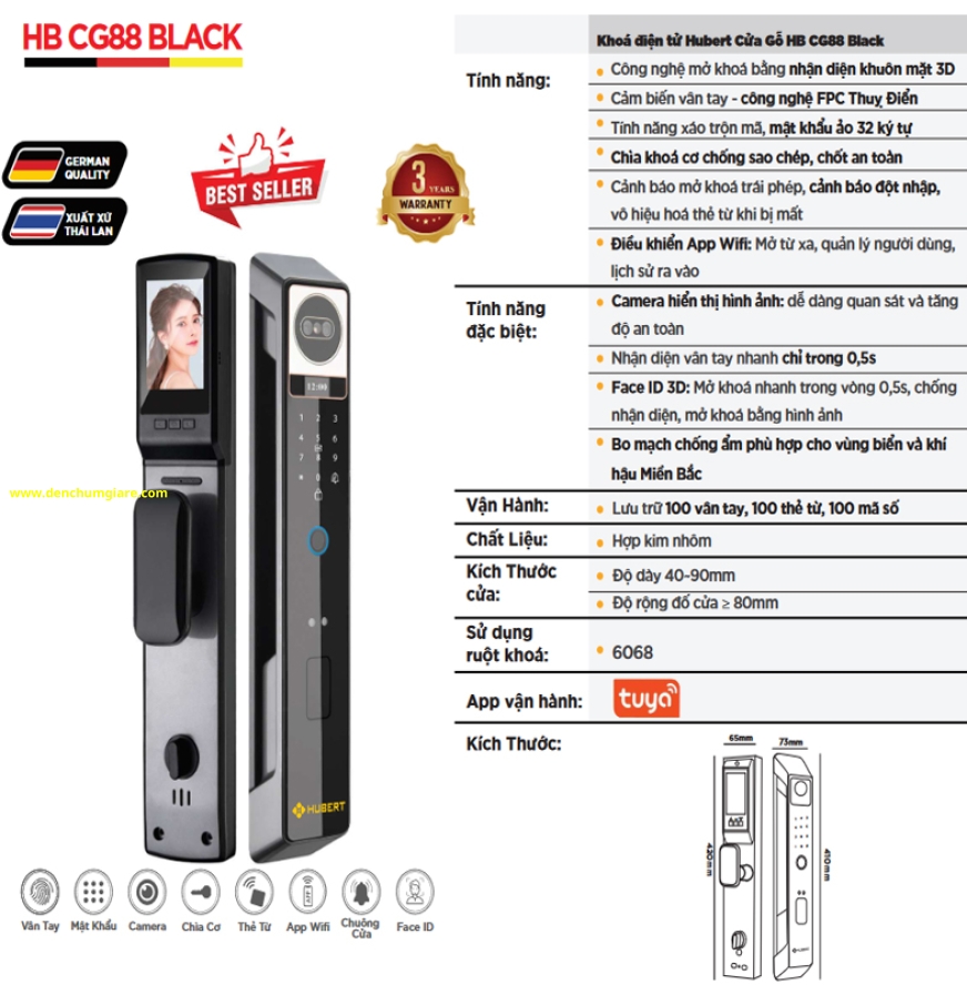Khoá vân tay cửa gỗ HUBERT HB CG88 Black tiêu chuẩn Đức với 7 tính năng nổi bật