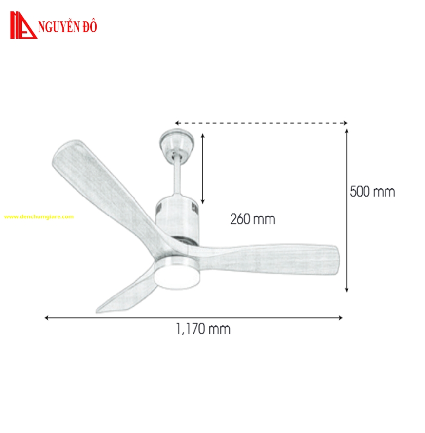 Quạt trần cánh gỗ có đèn QViFa - 01 công suất 40W, động cơ DC, đèn led 3 chế độ ánh sáng, điều khiển từ xa bằng Remote 