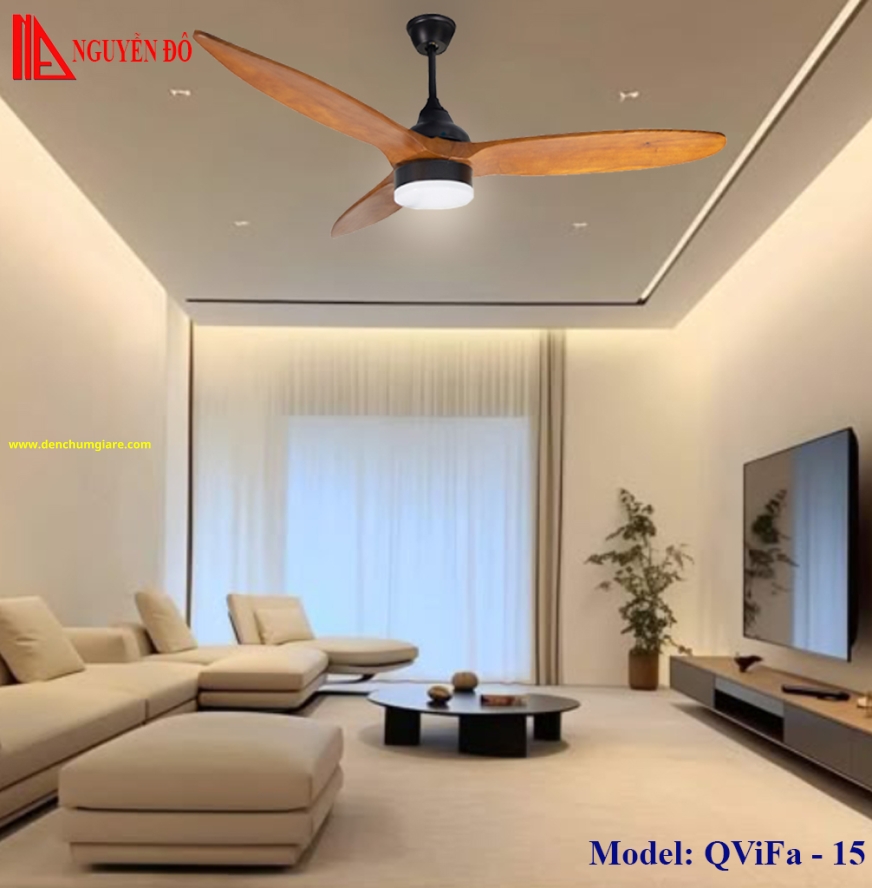 Quạt trần cánh gỗ có đèn QViFa – 15 công suất 40W, động cơ DC, đèn led 3 chế độ ánh sáng, điều khiển từ xa bằng Remote