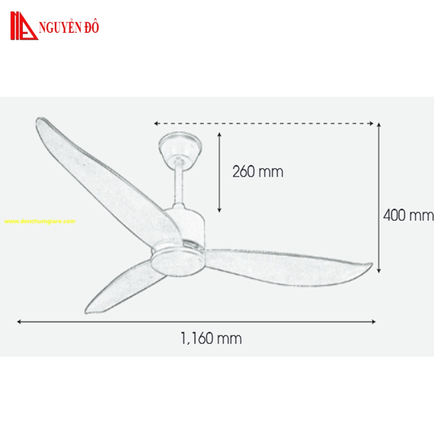 Quạt trần 3 cánh QViFa – 400/Vàng công suất 40W, động cơ DC tiết kiệm điện, điều khiển từ xa bằng Remote