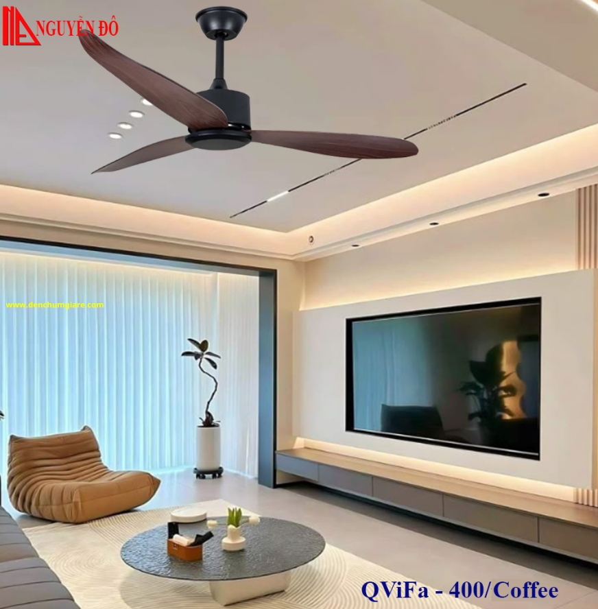 Quạt trần 3 cánh QViFa – 400/Coffee công suất 40W, động cơ DC tiết kiệm điện, điều khiển từ xa bằng Remote