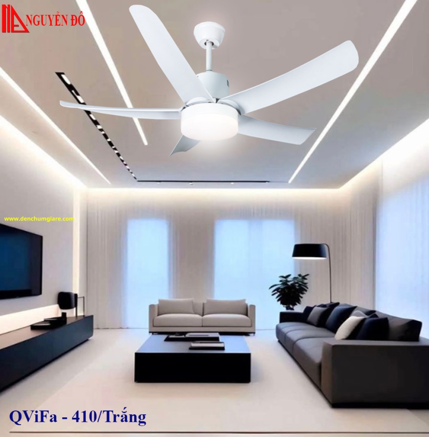 Quạt trần cánh nhựa có đèn QViFa - 410/Trắng công suất 40W, động cơ DC tiết kiệm điện, đèn led 3 chế độ ánh sáng, điều khiển từ xa bằng Remote