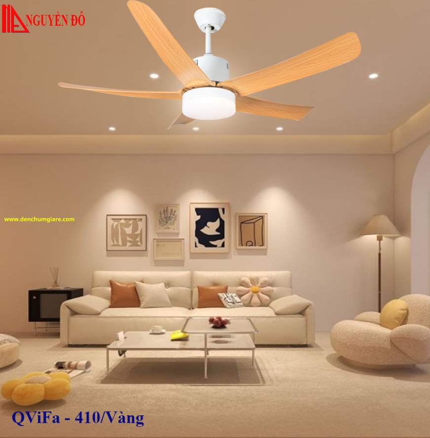 Quạt trần cánh nhựa có đèn QViFa - 410/Vàng công suất 40W, động cơ DC tiết kiệm điện, đèn led 3 chế độ ánh sáng, điều khiển từ xa bằng Remote