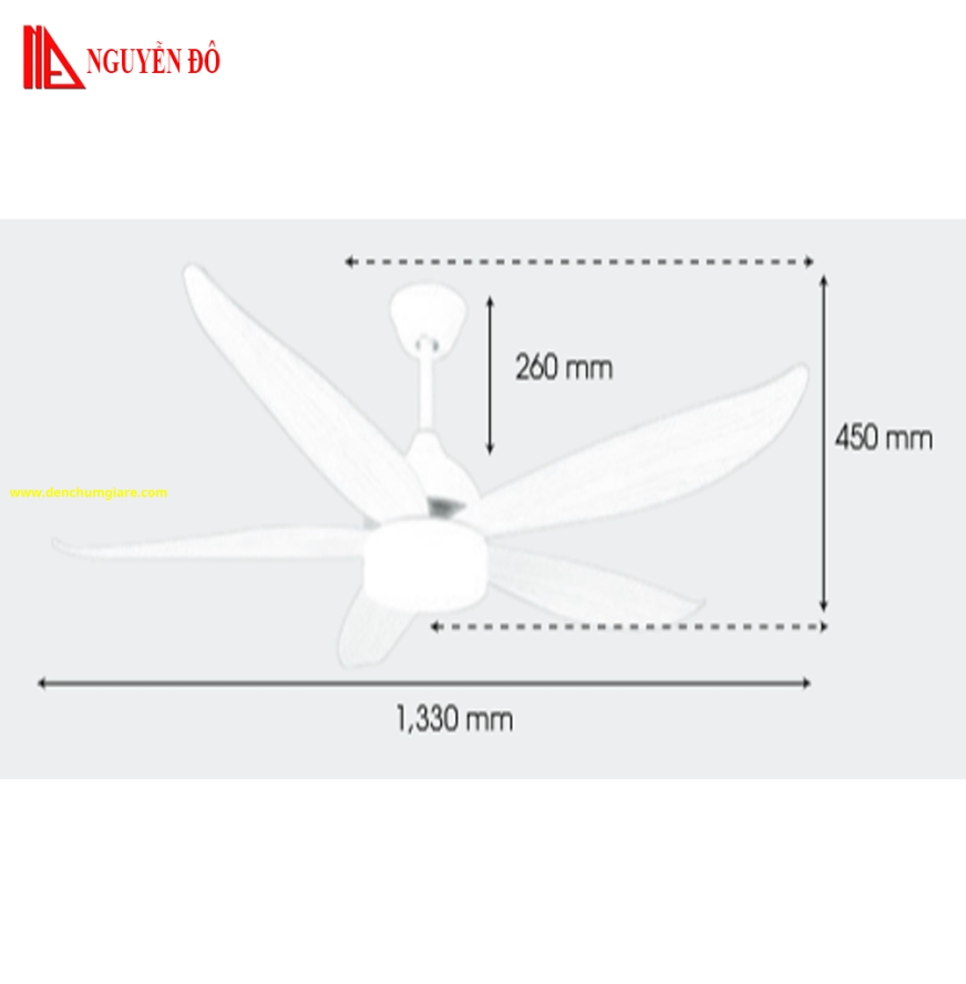Quạt trần cánh nhựa có đèn QViFa - 58/Vàng công suất 40W, động cơ DC tiết kiệm điện, đèn led 3 chế độ ánh sáng, điều khiển từ xa bằng Remote