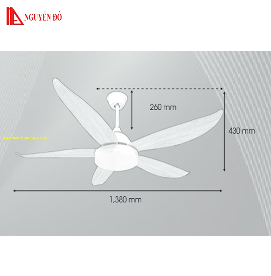 Quạt trần cánh nhựa có đèn QViFa - 62 – 23 công suất 40W, động cơ DC tiết kiệm điện, đèn led 3 chế độ ánh sáng, điều khiển từ xa bằng Remote