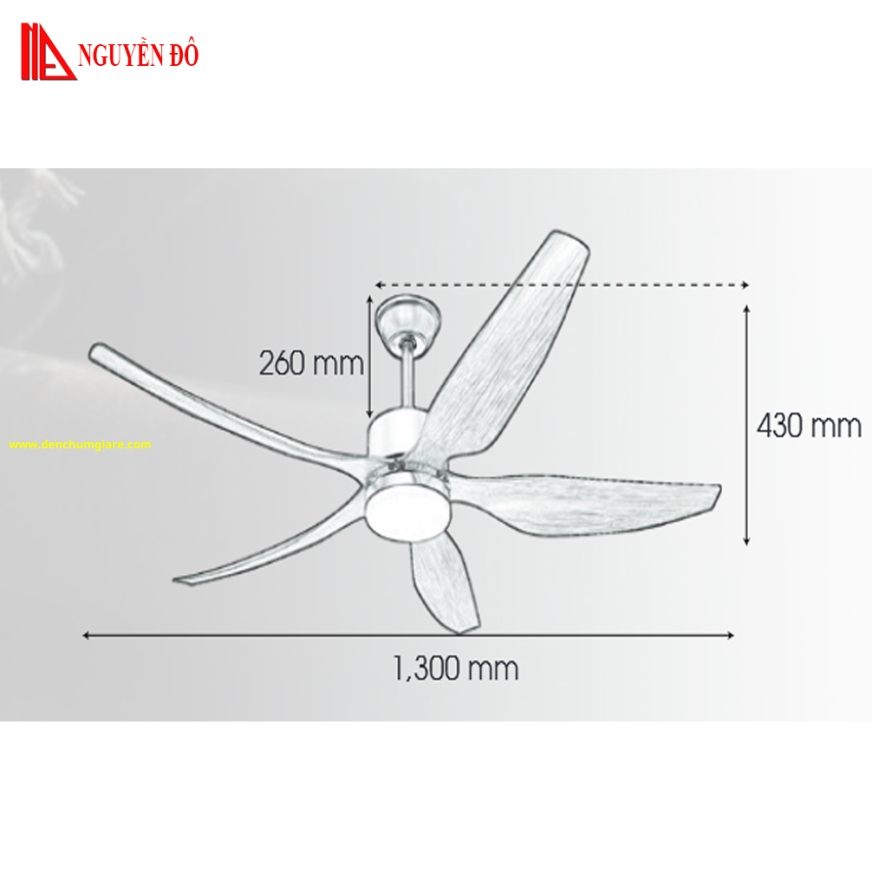 Quạt trần cánh nhựa có đèn QViFa - 63/177 công suất 40W, động cơ DC tiết kiệm điện, đèn led 3 chế độ ánh sáng, điều khiển từ xa bằng Remote