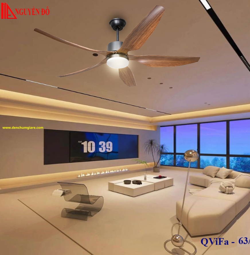 Quạt trần cánh nhựa có đèn QViFa - 63/177 công suất 40W, động cơ DC tiết kiệm điện, đèn led 3 chế độ ánh sáng, điều khiển từ xa bằng Remote