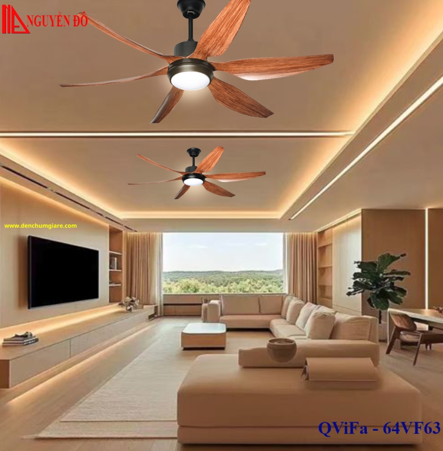 Quạt trần cánh nhựa có đèn QViFa - 64VF63 công suất 40W, động cơ DC tiết kiệm điện, đèn led 3 chế độ ánh sáng, điều khiển từ xa bằng Remote