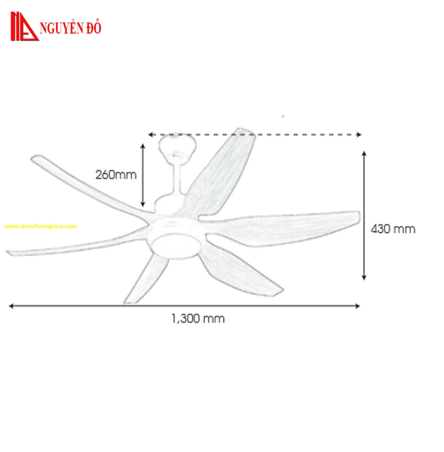 Quạt trần cánh nhựa có đèn QViFa - 64VF63 công suất 40W, động cơ DC tiết kiệm điện, đèn led 3 chế độ ánh sáng, điều khiển từ xa bằng Remote