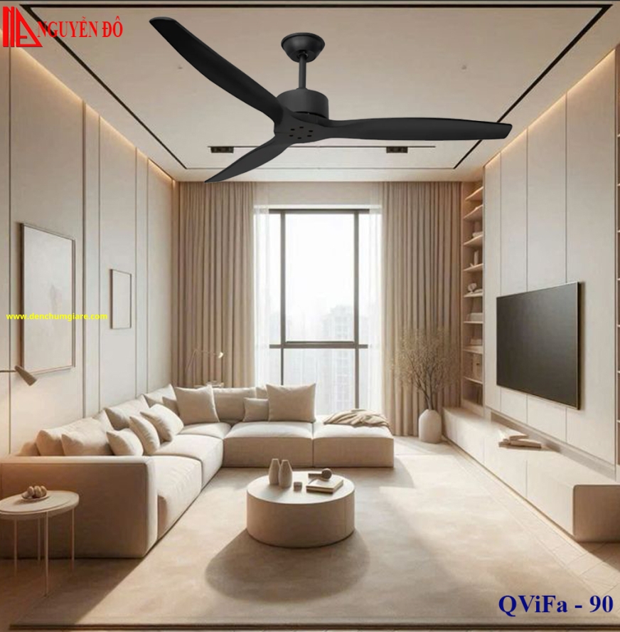 Quạt trần cánh gỗ 3 cánh QViFa – 90 công suất 40W, động cơ DC tiết kiệm điện, điều khiển từ xa bằng Remote