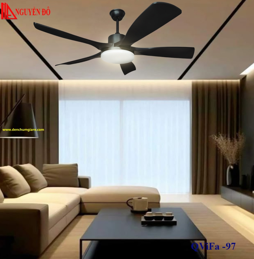 Quạt trần cánh nhựa có đèn QViFa – 97 công suất 40W, động cơ DC tiết kiệm điện, đèn led 3 chế độ ánh sáng, điều khiển từ xa bằng Remote