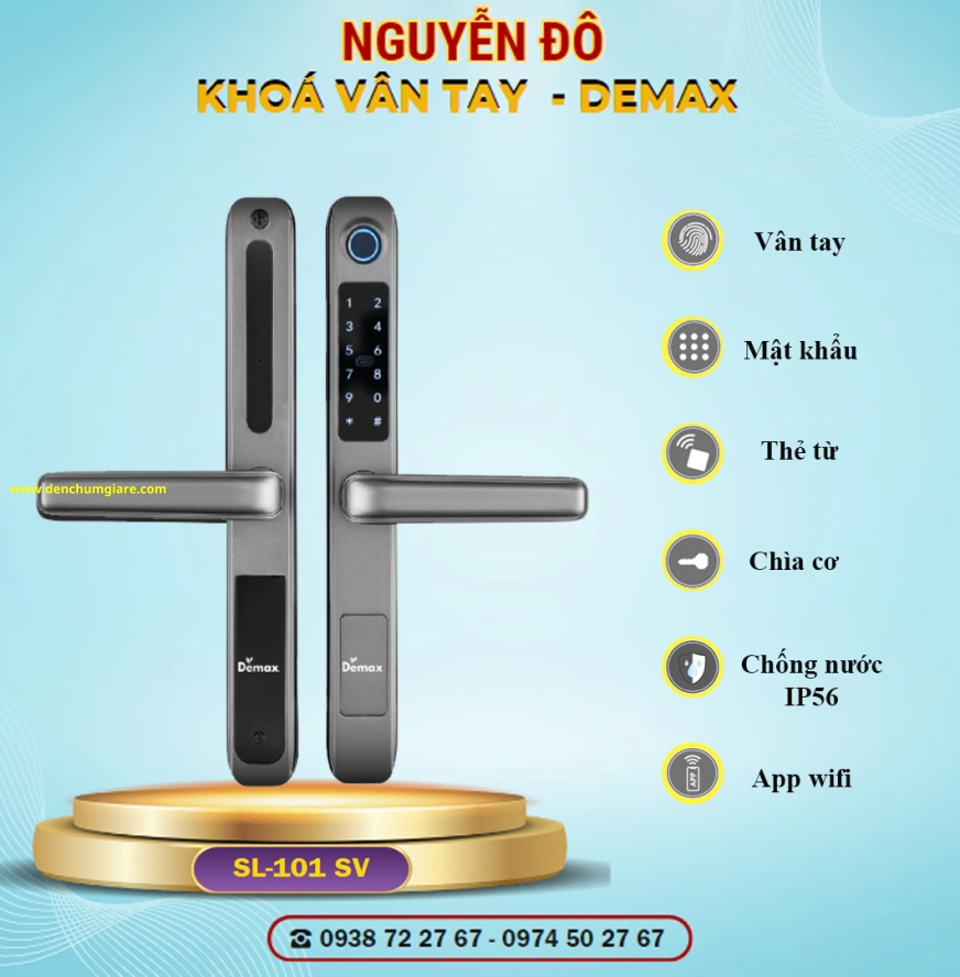 Khoá vân tay cửa nhôm Demax SL101 SV màu Xám nhôm tiêu chuẩn Đức với 6 tính năng nổi bật 