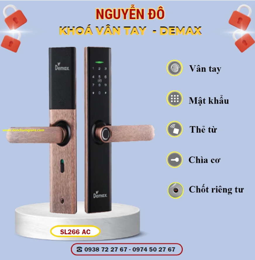 Khoá vân tay cửa gỗ Demax SL266 AC màu Đồng cổ tiêu chuẩn Đức với 6 tính năng nổi bật 
