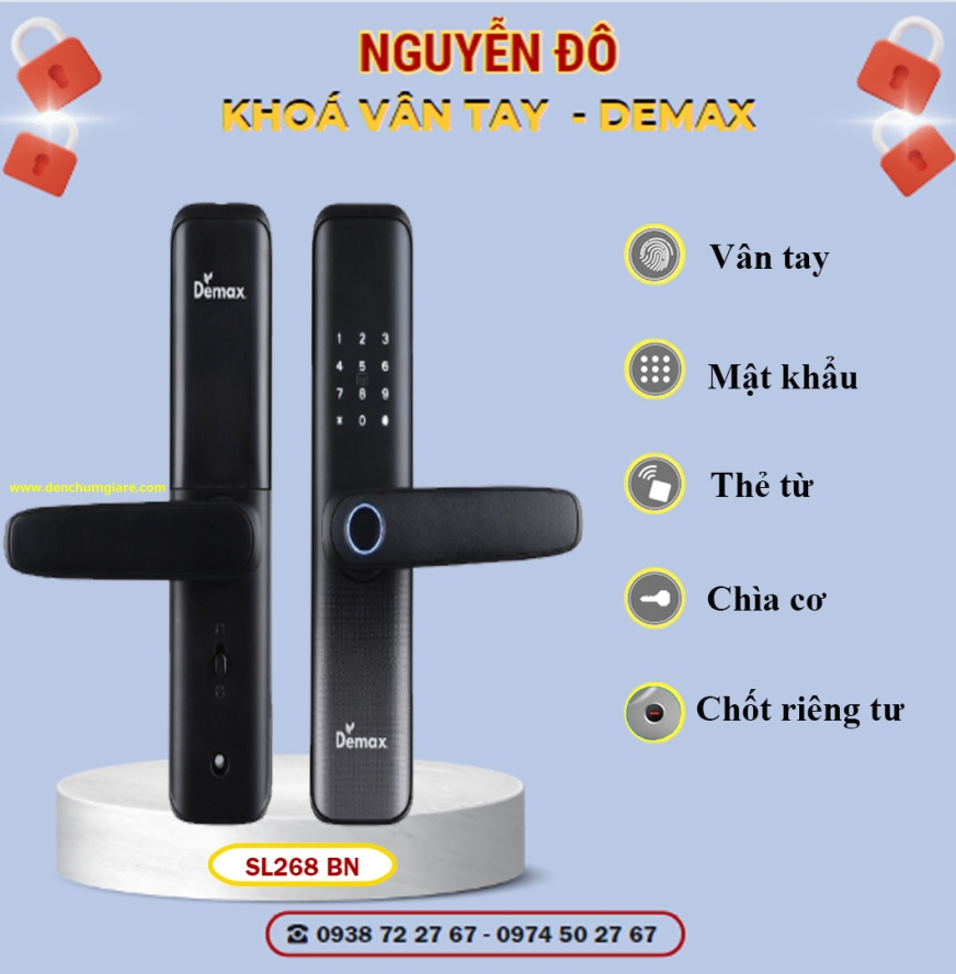 Khoá vân tay cửa gỗ Demax SL268 BN màu Đen Nano tiêu chuẩn Đức với 6 tính năng nổi bật 