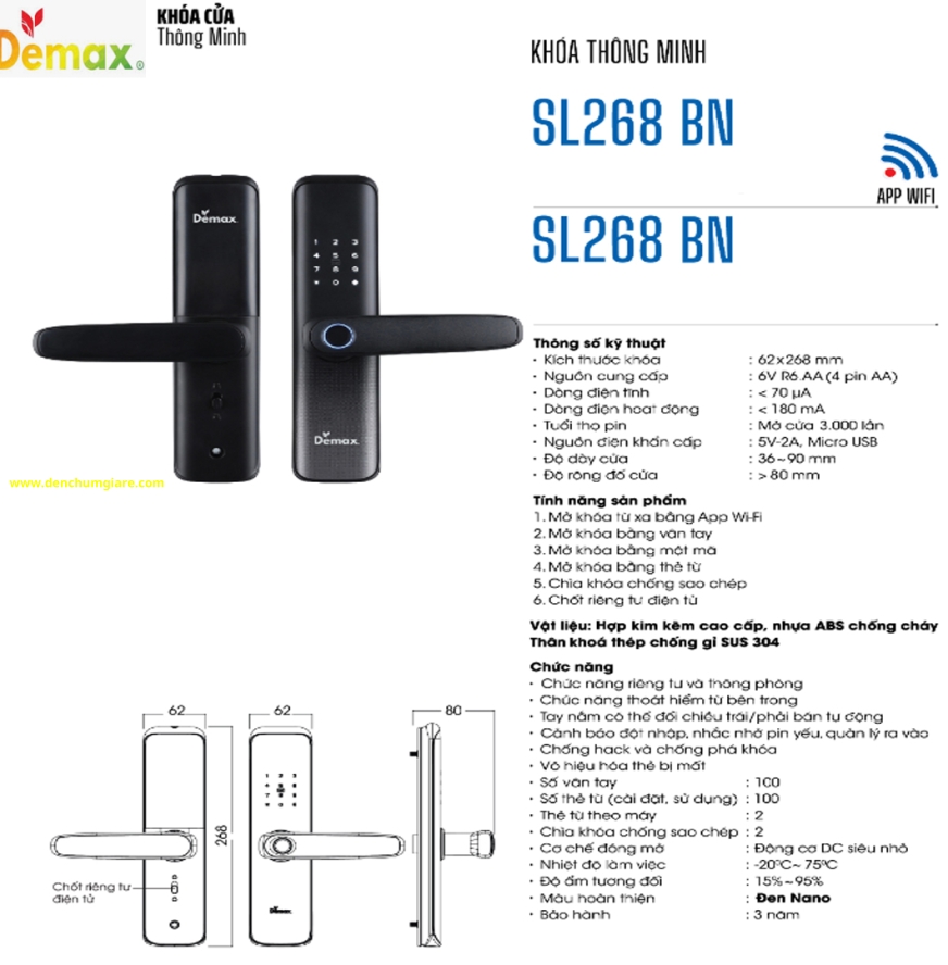 Khoá vân tay cửa gỗ Demax SL268 BN màu Đen Nano tiêu chuẩn Đức với 6 tính năng nổi bật 