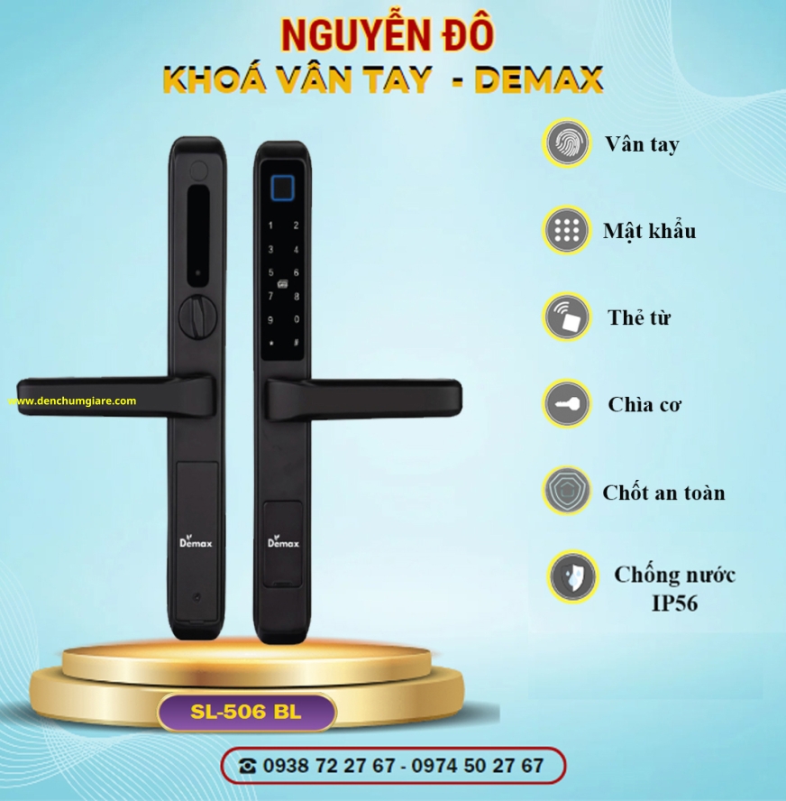 Khoá vân tay cửa nhôm Demax SL606 BL/ SL506 BL tiêu chuẩn Đức với 6 tính năng nổi bật 