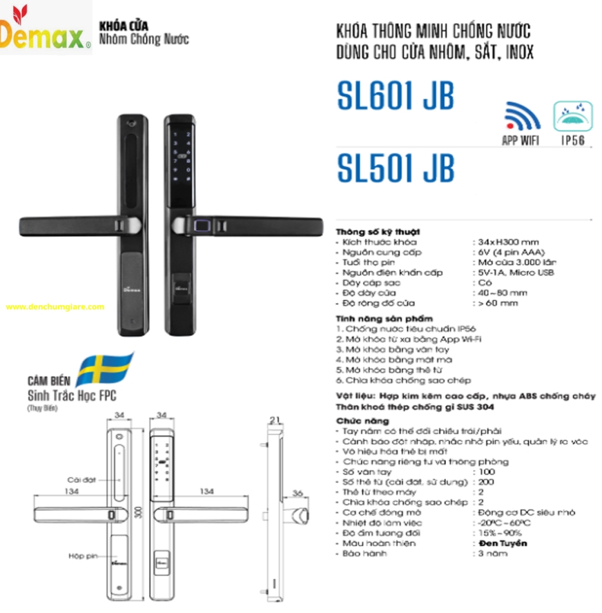 Khoá vân tay cửa nhôm Demax SL601 JB/ SL501 JB tiêu chuẩn Đức với 6 tính năng nổi bật 